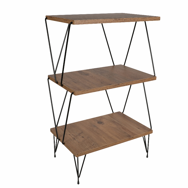  29 Inch Modern Rectangular 3 Tier Etagere Wood Storage Rack, Metal Frame and Legs, Natural Brown