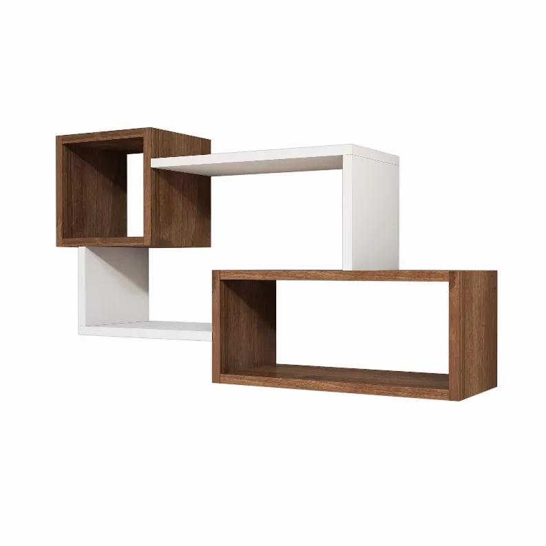  36 Inch Modern Geometric Wood Floating Wall Shelf with 3 Open Compartments, Walnut Brown and White