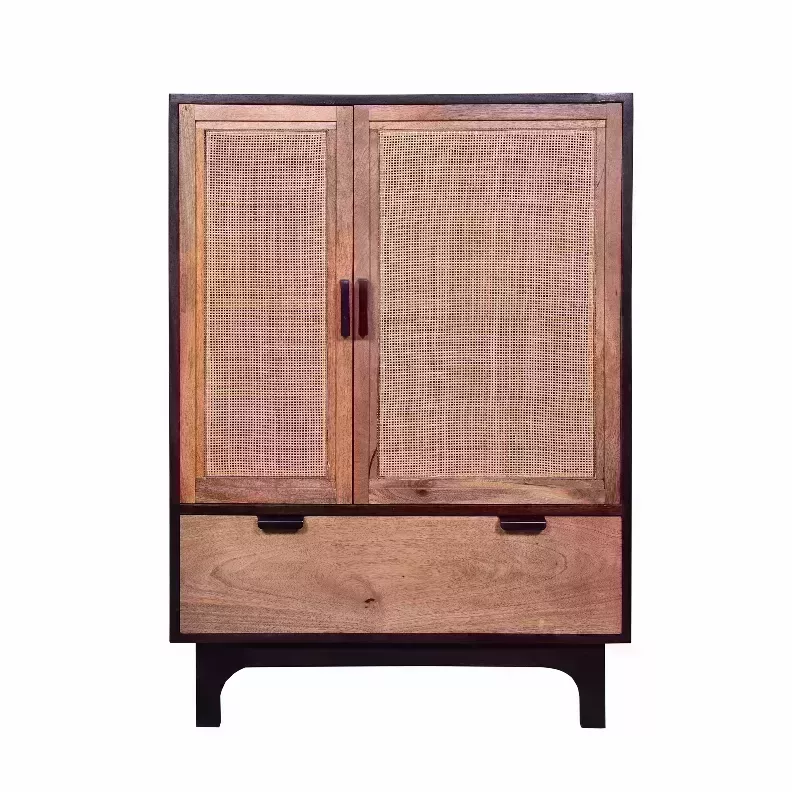  42 Inch Mango Wood Armoire Storage Cabinet, 2 Cane Rattan Woven Doors, 1 Drawer, Brown, Black