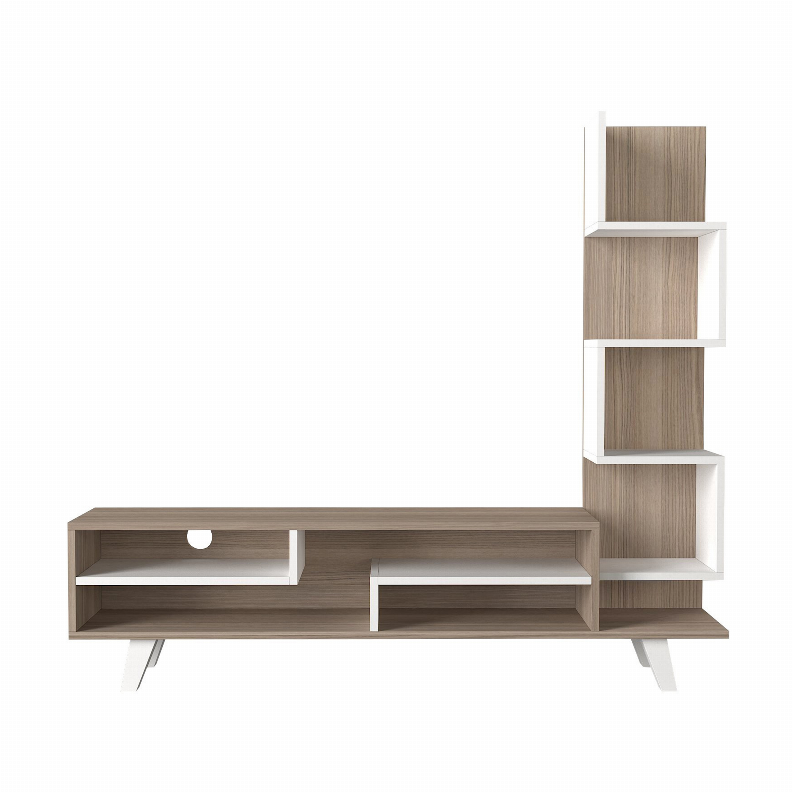  59 Inch Modern Wood TV Console Entertainment Center, Stacked Shelves, White and Oak Brown