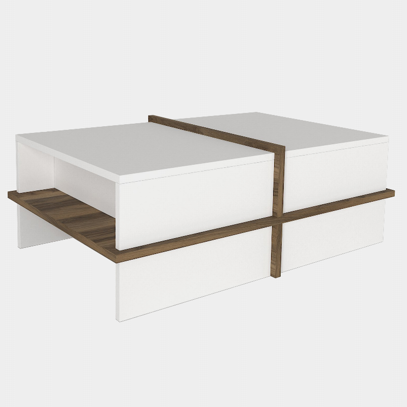  Belle 35 Inch Modern Wood Rectangular Coffee Table with Side Shelf, White and Brown