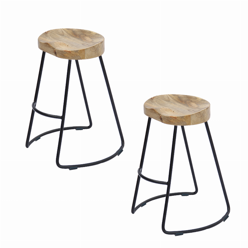  Ela 24 Inch Mango Wood Industrial Counter Height Stool, Saddle Seat, Iron, Set of 2, Natural, Black