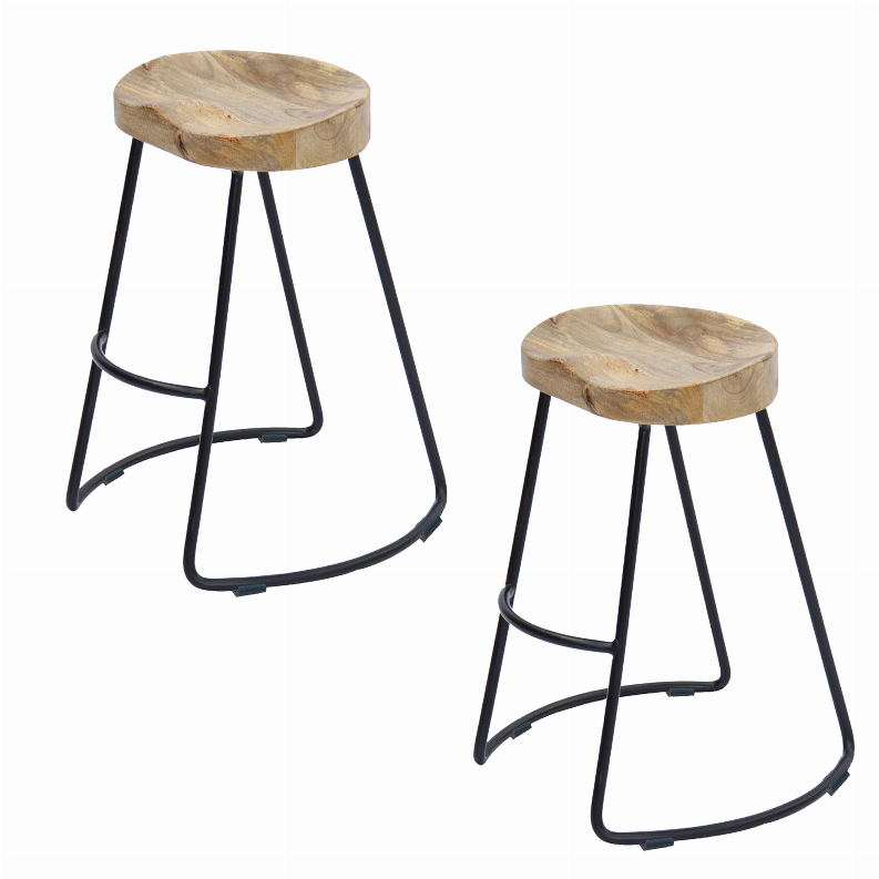  Ela 30 Inch Mango Wood Industrial Barstool, Saddle Seat, Iron Frame, Set of 2, Natural, Black