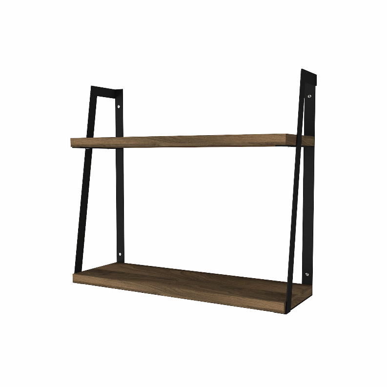  Joel 18 Inch Rectangular 2 Tier Wood Floating Wall Mount Shelf with Metal Frame, Brown and Black