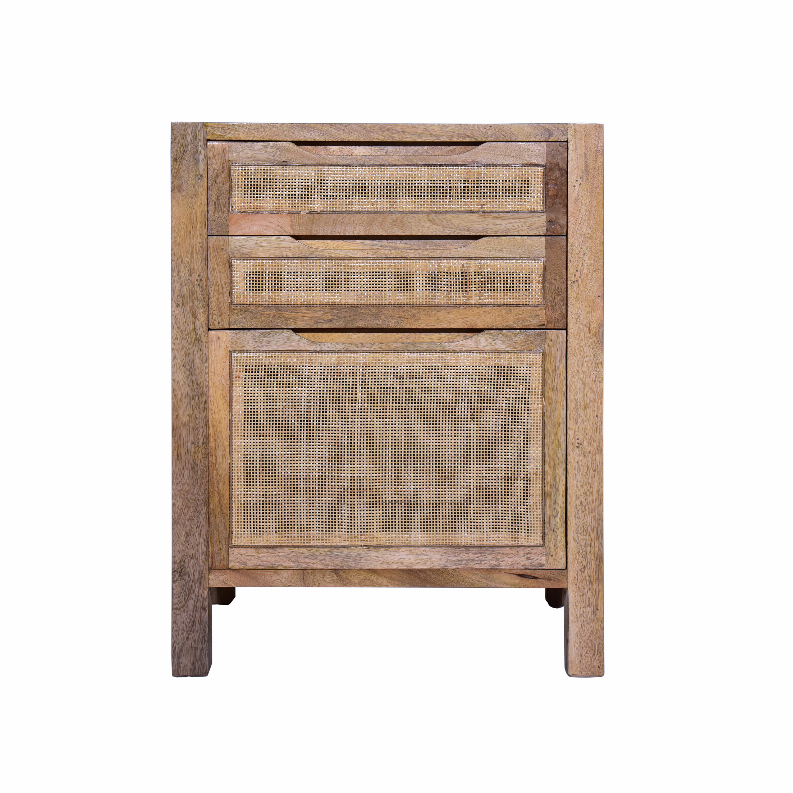  Ryan 31 Inch Cottage Mango Wood Storage Cabinet Table, Cane Rattan Panels, 3 Drawers, Natural Brown