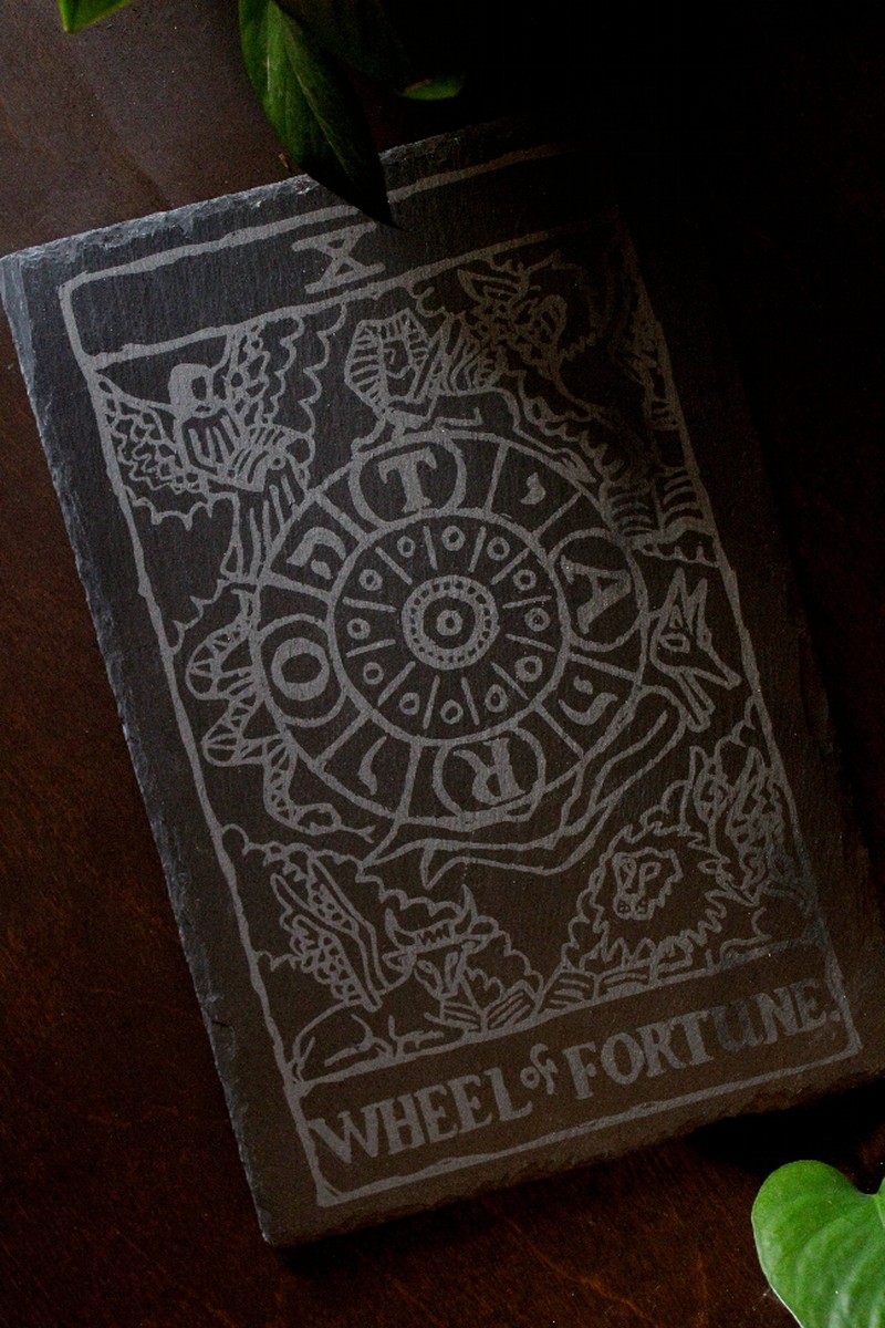 12" Engraved Slate Wheel Of Fortune Tarot Card Trivet