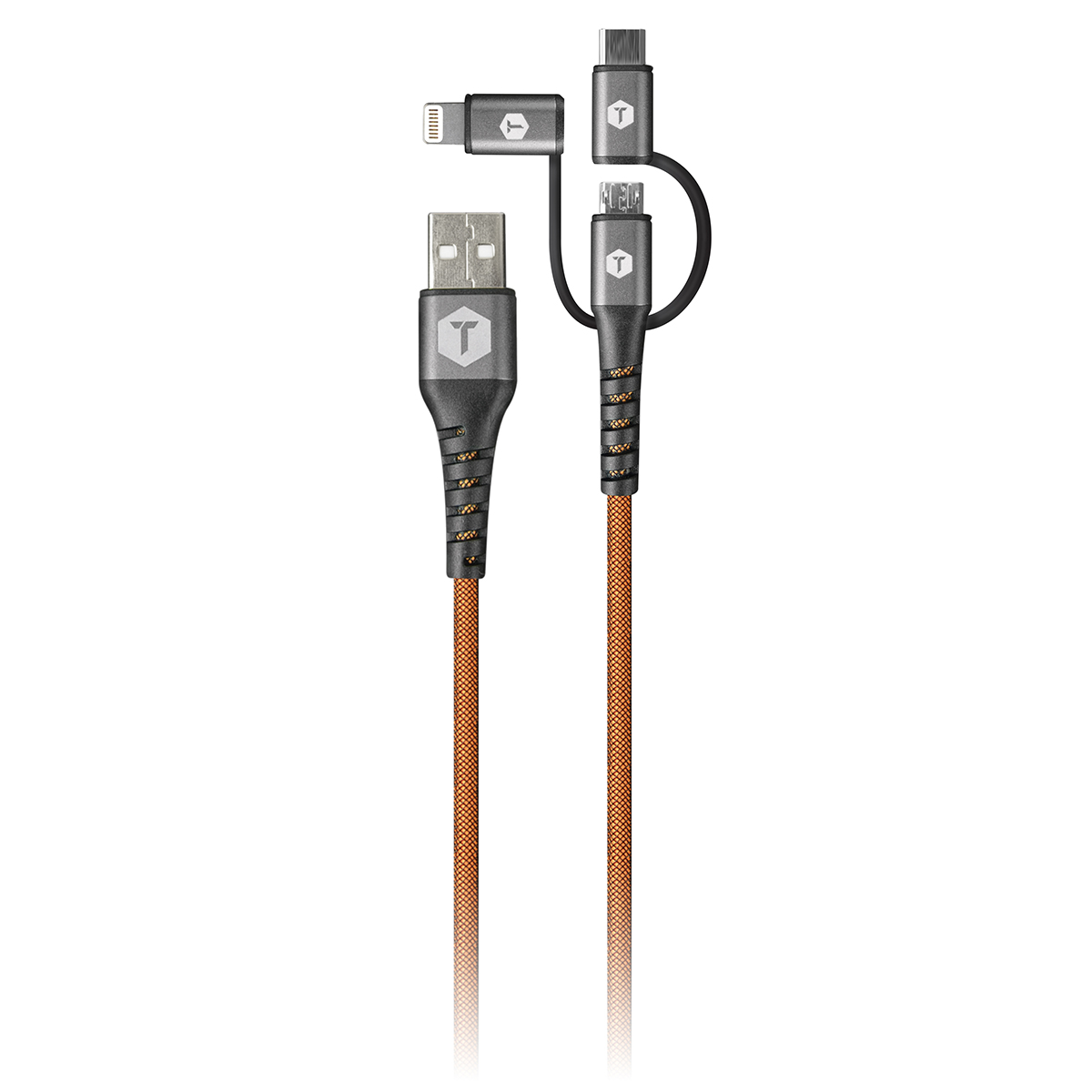 Tough Tested 6FT 3-in-1 Armor-Weave Charging Cable USB-C Micro Lightning Power Cord-Orange