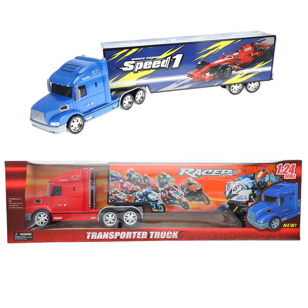 TC 1-to-24 Scale Plastic Friction Hauler TC00043 Push And Go Semi Truck Transport Toy Hauler Red or Blue