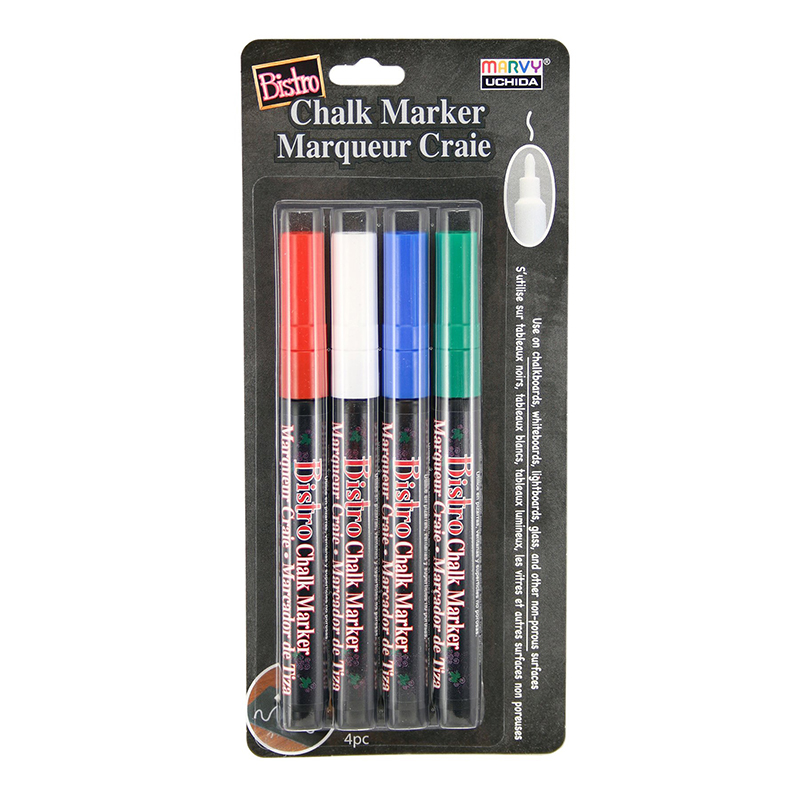 Bistro Chalk Markers, Fine Tip, 4-Color Set, Red, Green, Blue, White