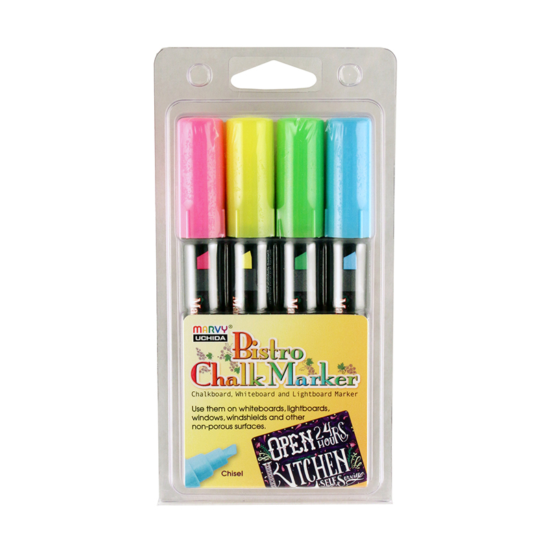 Broad Point Chalk Marker Chisel Tip Set 4H, Fluorescent Colors, Pack of 4