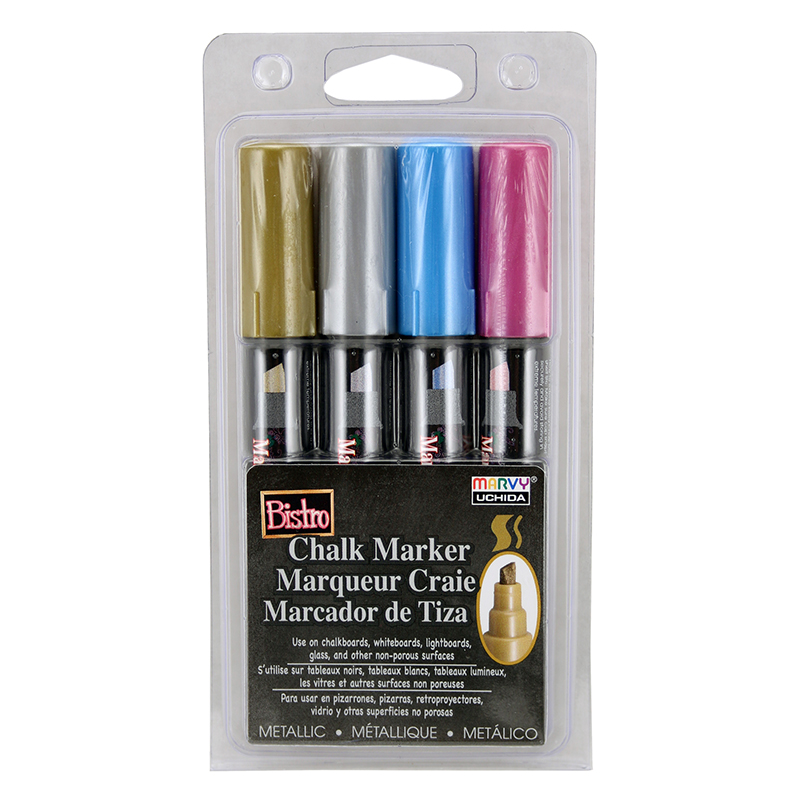 Bistro Chalk Markers, Chisel Tip, 4-Color Set, Silver, Gold, Blue, Red