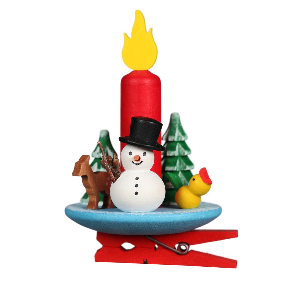 Christian Ulbricht Ornament - Clip on Candle With Snowman - 3.5"H x 2"W x 2"D