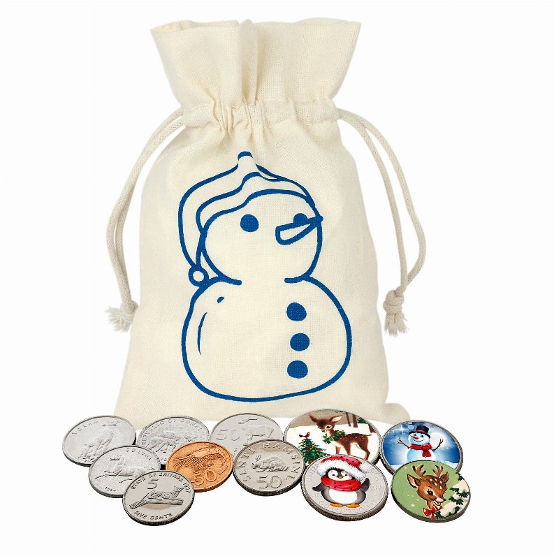 Animal Coins From Around The World And Colorized Christmas Coins In Snowman Canvas Bag