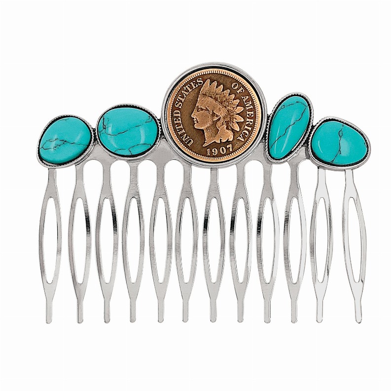 Indian Penny Coin Howlite Turquoise Hair Comb