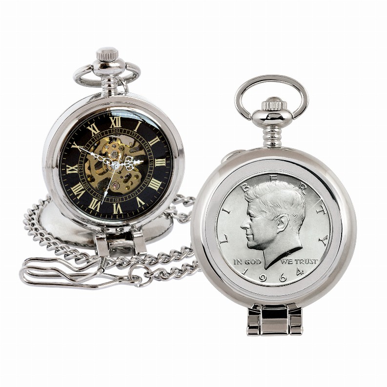 JFK 1964 First Year of Issue Half Dollar Coin Pocket Watch with Skeleton Movement