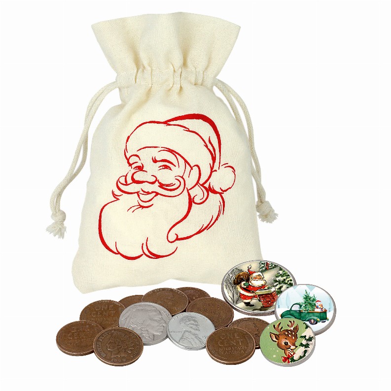 Rare Coins and Colorized Vintage Christmas Coin Collection in Santa Canvas Bag