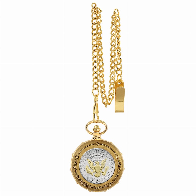 Selectively Gold-Layered Presidential Seal Half Dollar Train Coin Pocket Watch
