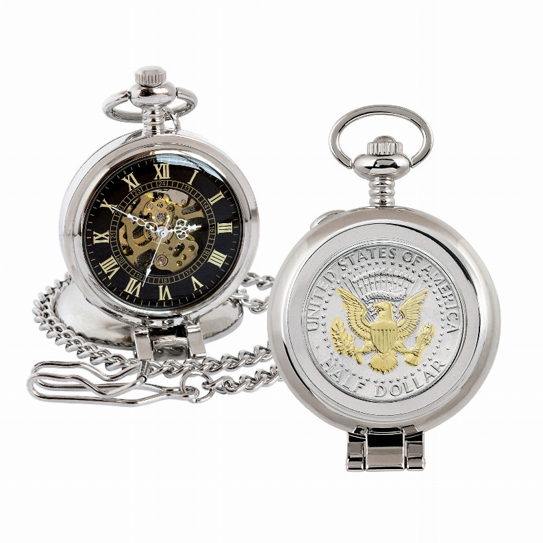Selectively Gold-Layered Presidential Seal JFK Half Dollar Coin Pocket Watch with Skeleton Movement