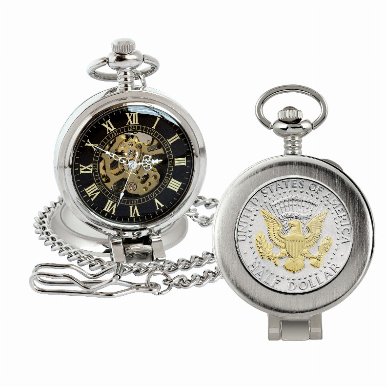 Selectively Gold-Layered Presidential Seal JFK Half Dollar Coin Pocket Watch with Skeleton Movement