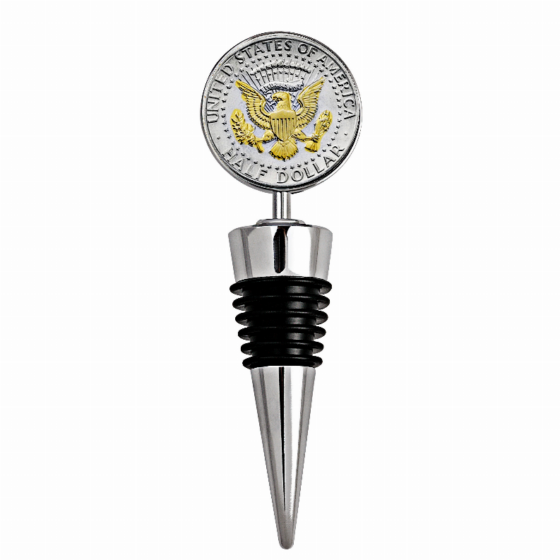 Selectively Gold-Layered Presidential Seal JFK Half Dollar Coin Wine Stopper