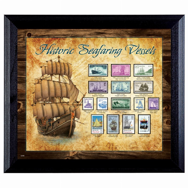 Ships on Stamps in Wall Frame