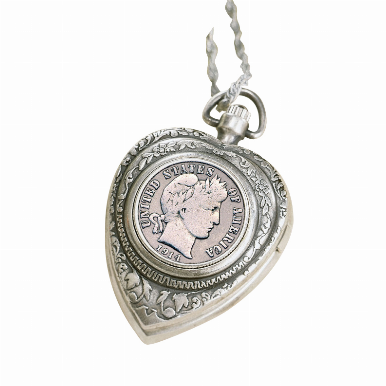 Silver Barber Dime Heart Watch Coin Pendant