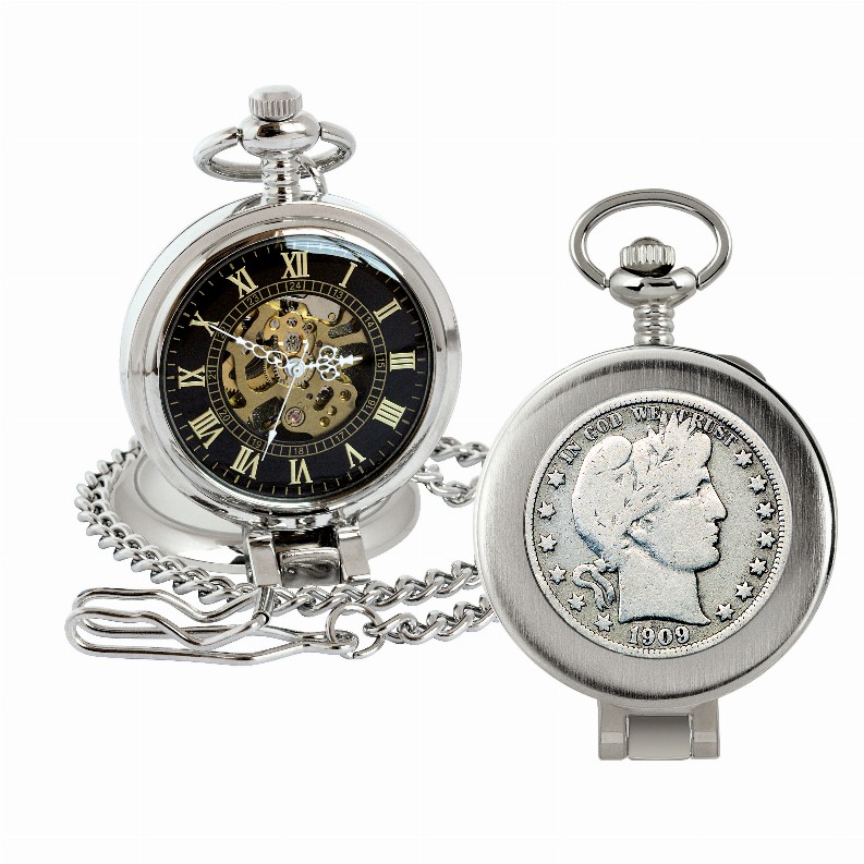 Silver Barber Half Dollar Coin Pocket Watch with Skeleton Movement