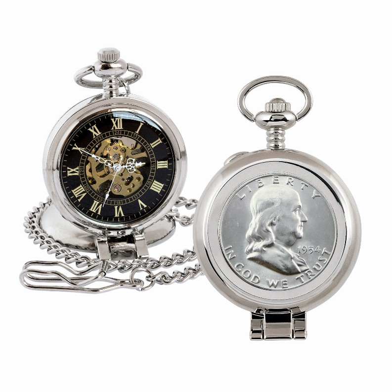 Silver Franklin Half Dollar Coin Pocket Watch with Skeleton Movement