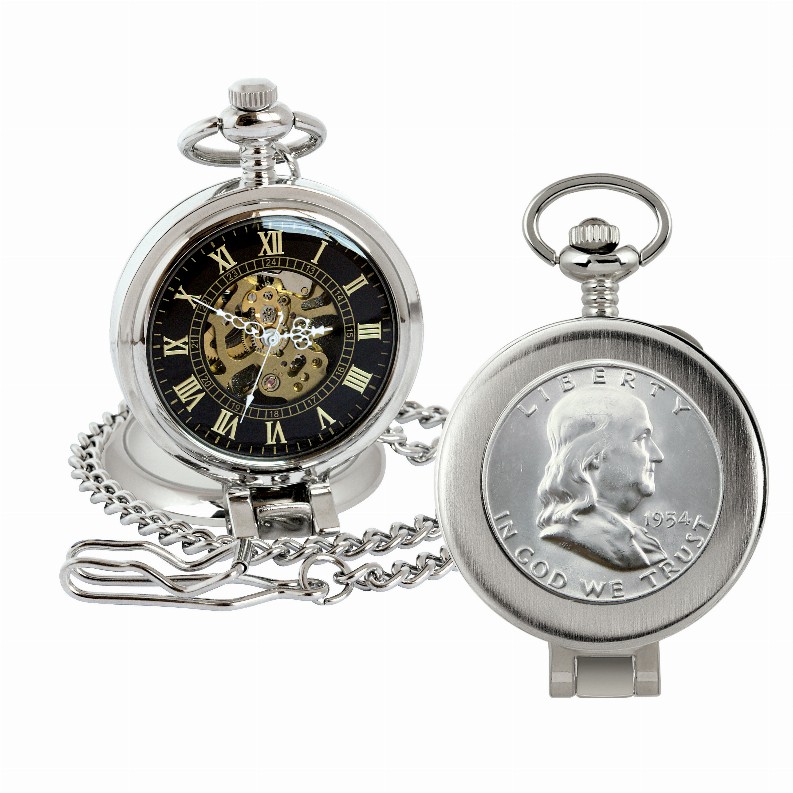 Silver Franklin Half Dollar Coin Pocket Watch with Skeleton Movement