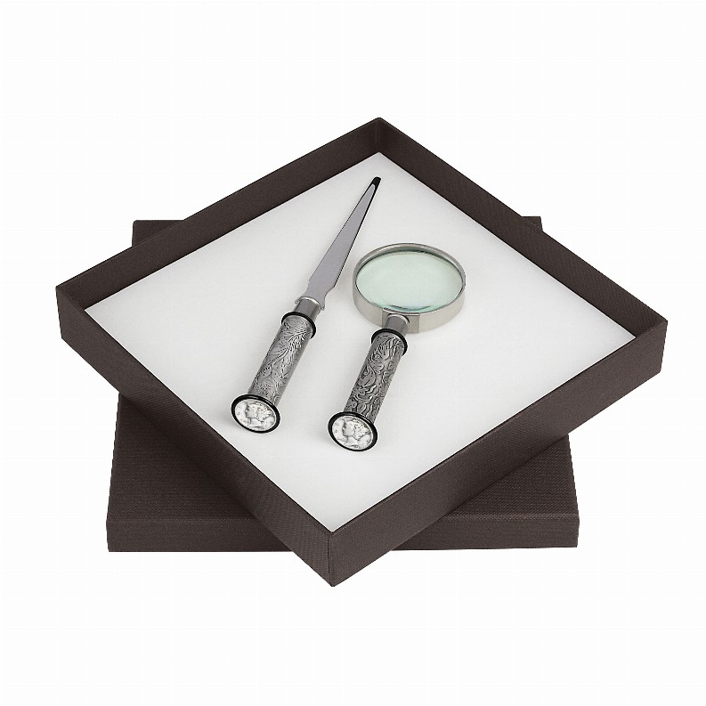 Silver Mercury Dime Letter Opener and Magnifying Glass Gift Set - 7 3/4" x 7 3/4" x 1 3/8" Silver