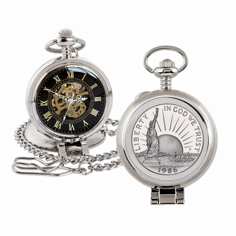 Statue of Liberty Commemorative Half Dollar Coin Pocket Watch with Skeleton Movement