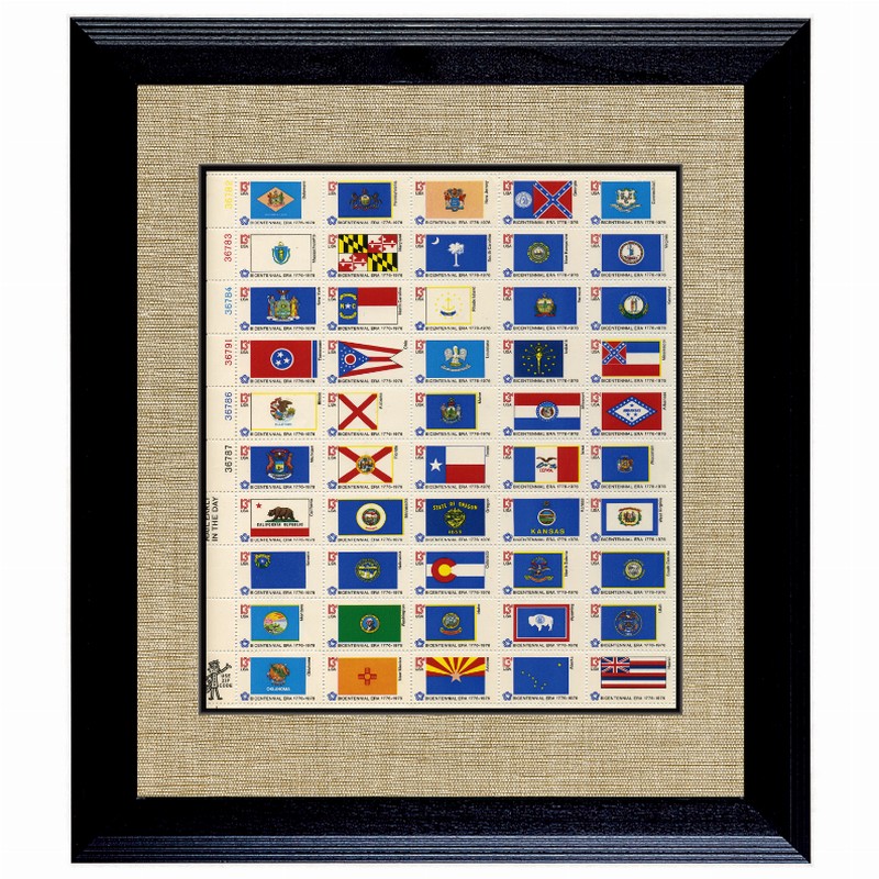 U.S. State Flag Stamp Sheet in Wood Frame