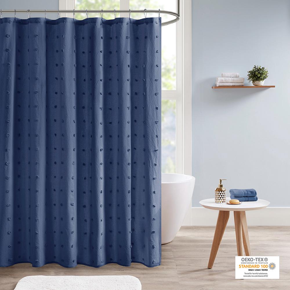 Cotton Jacquard Pom Pom Shower Curtain Indigo Blue 017