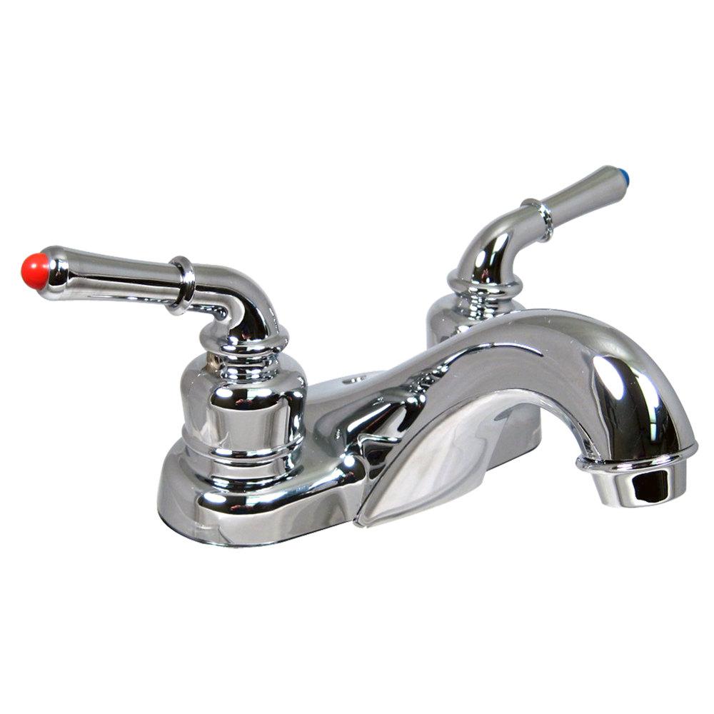 Bathroom Faucet, 4In Low Arc, 2 Lever Teacup, 1/4 Turn, Plastic, Chrome