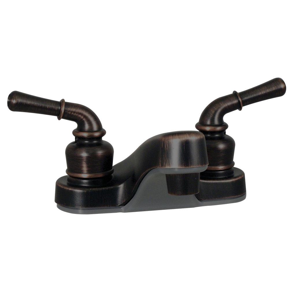 Bathroom Faucet, 4In, 2 Lever Teacup, 1/4 Turn, Plastic, Rubbed Bronze