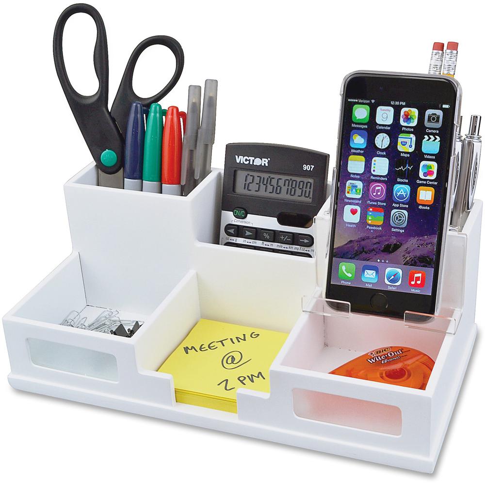 Victor W9525 Pure White Desk Organizer with Smart Phone Holder - 6 Compartment(s) - 4.0" Height x 5.5" Width x 10.4" Dept
