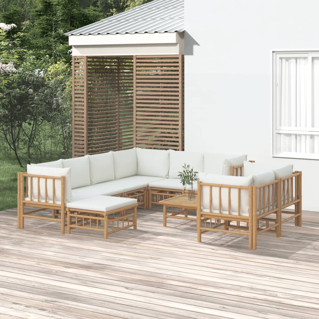 vidaXL 10 Piece Patio Lounge Set with Cream White Cushions Bamboo