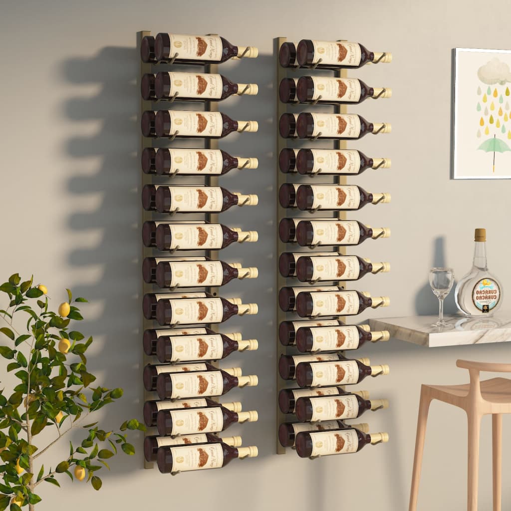 vidaXL Wall Mounted Wine Rack for 24 Bottles 2 pcs Gold Iron