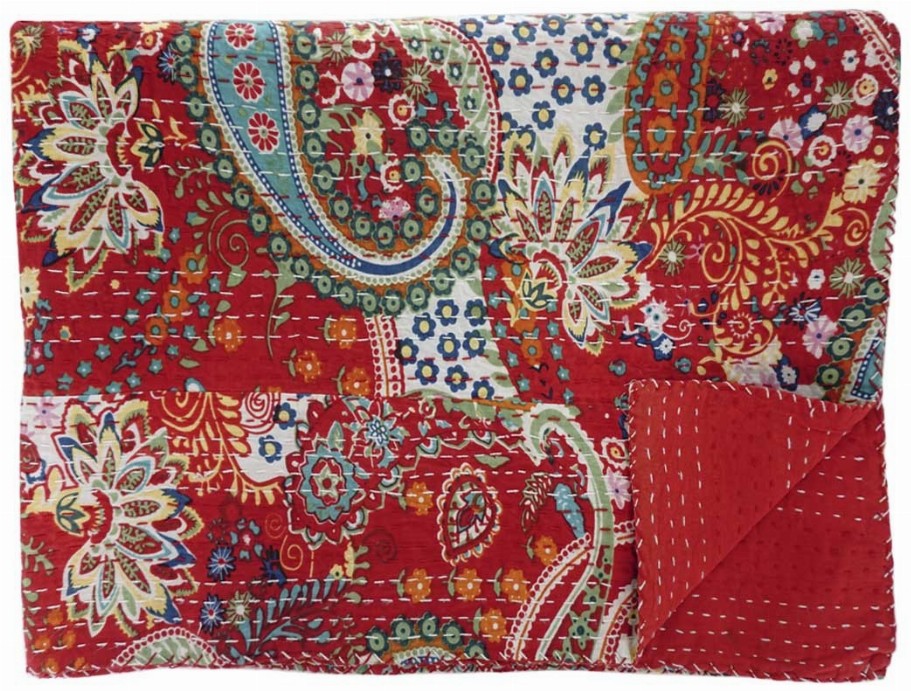 Hand Stitched Kantha Quilt / Coverlet - Brick