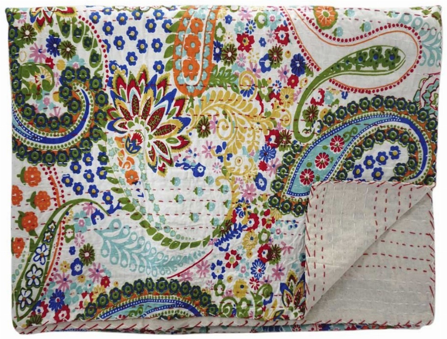Hand Stitched Kantha Quilt / Coverlet - White_Turquoise
