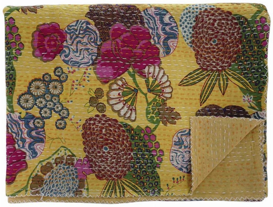 Hand Stitched Kantha Quilt / Coverlet - Mustard
