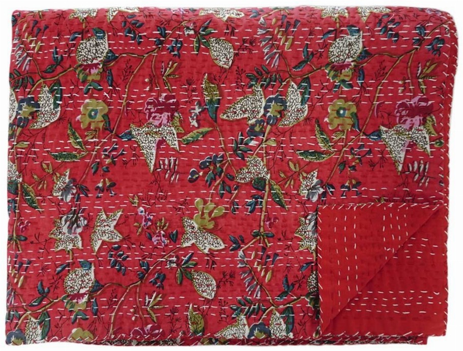 Hand Stitched Kantha Quilt / Coverlet - Red