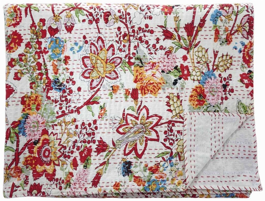 Hand Stitched Kantha Quilt / Coverlet - White_Red