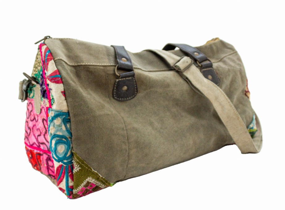 Recycled Military Tent w/Vintage Textiles Overnight Travel Bag