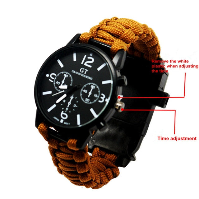 Outdoor Multi function Camping Survival Watch Bracelet Tools With LED Light - Khaki