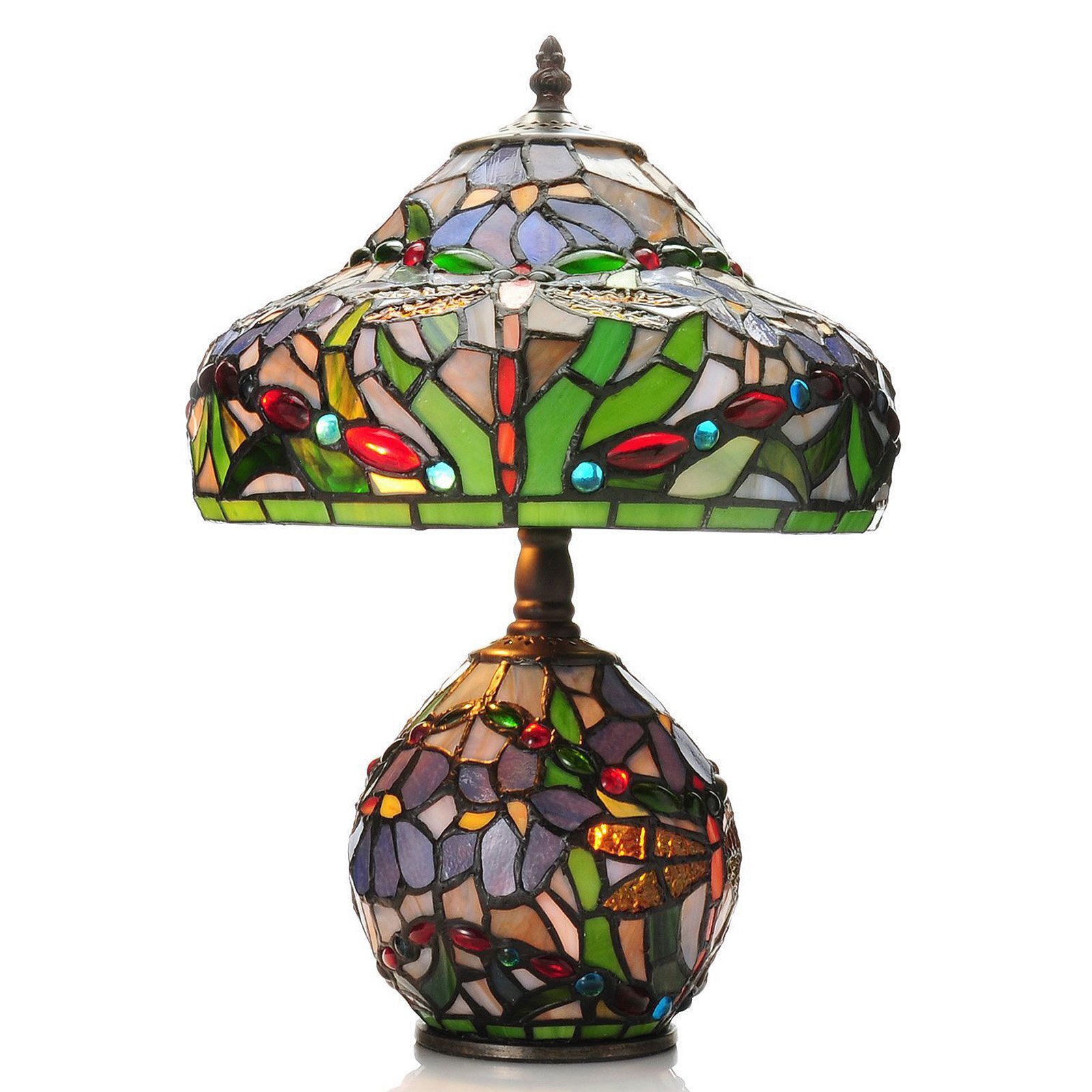 Famous Brand-Style 15.5" Dragonfly Double Lit Stained Glass Table Lamp