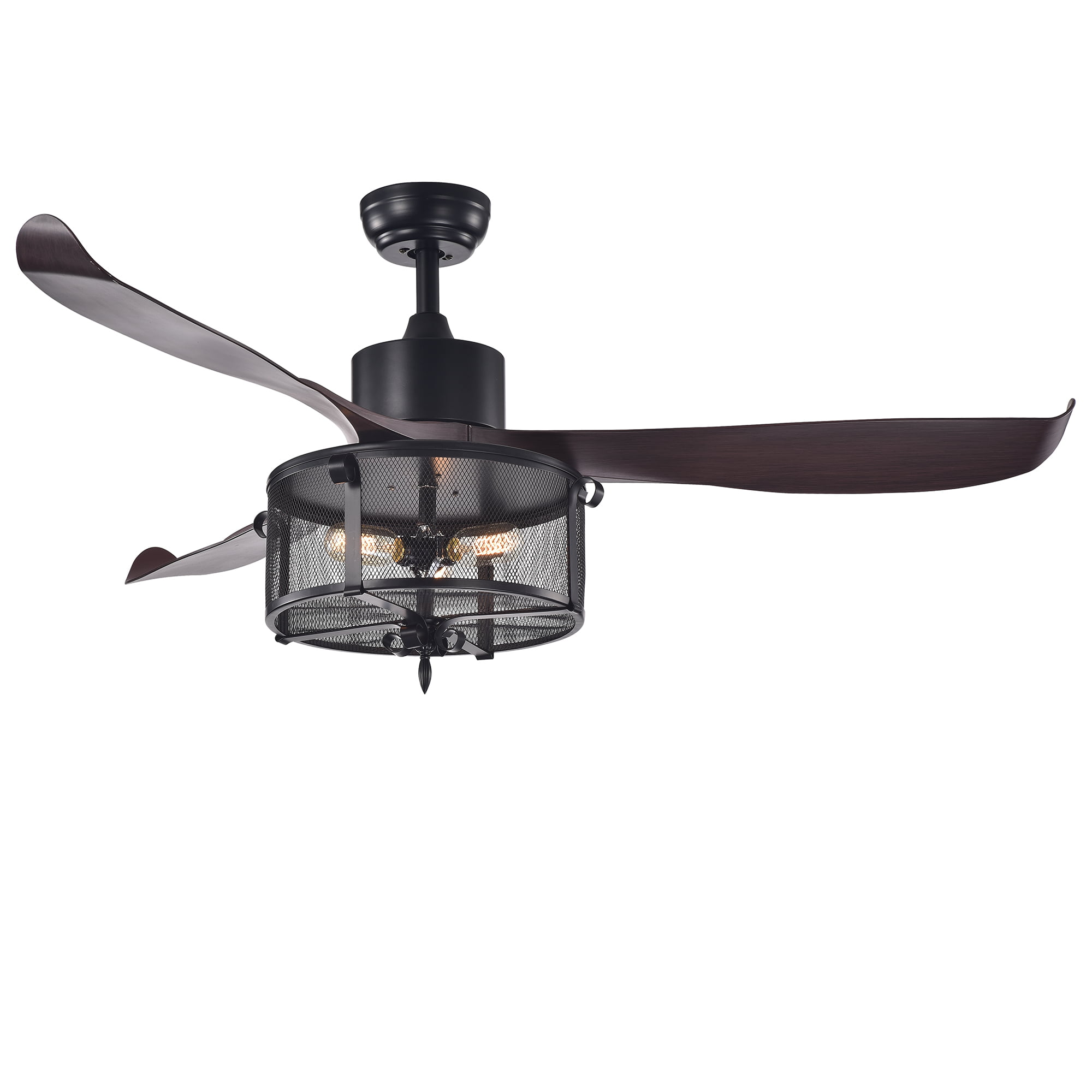 Faegan Matte Black 55-inch Lighted Ceiling Fan with Caged 3-Light Edison Lamp (includes remote and light kit)