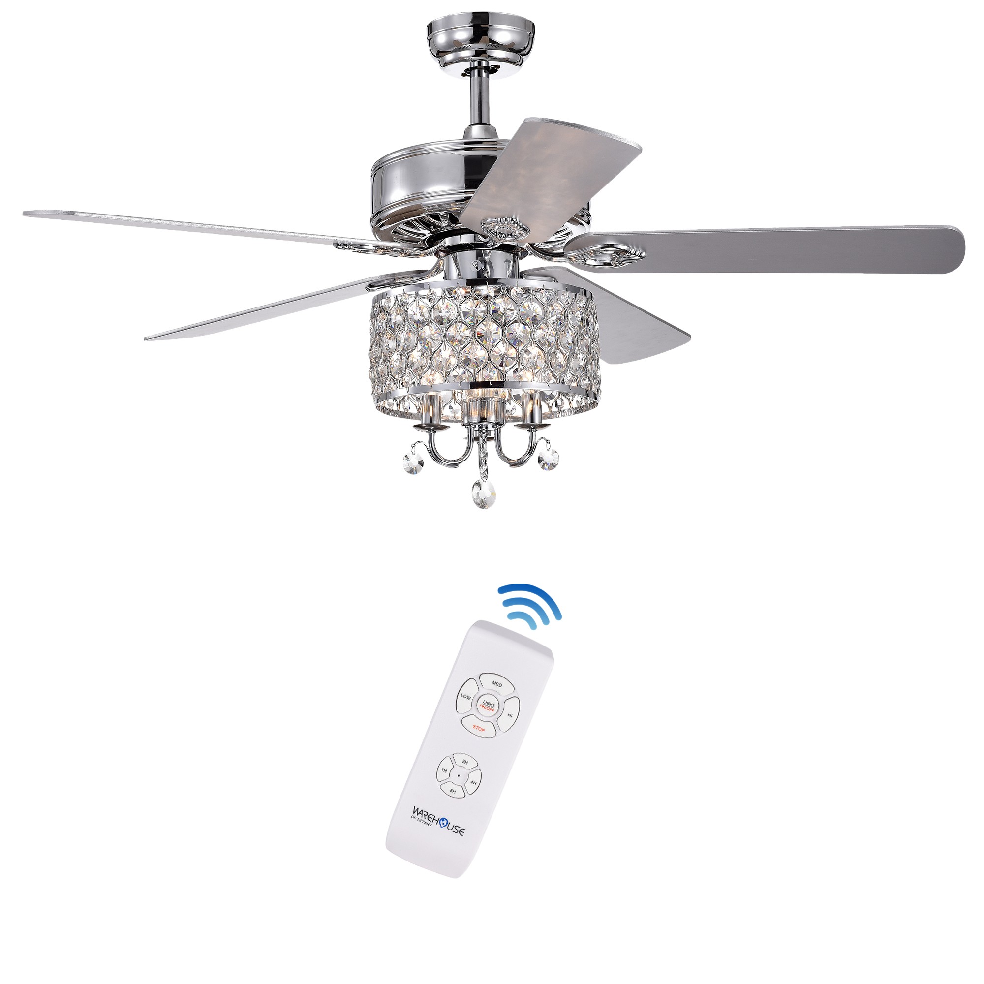 Fengren Chrome 3-light 52-inch Chrome Lighted Ceiling Fan with Crystal Shade (incl. Remote & 2 Color Option Blades)