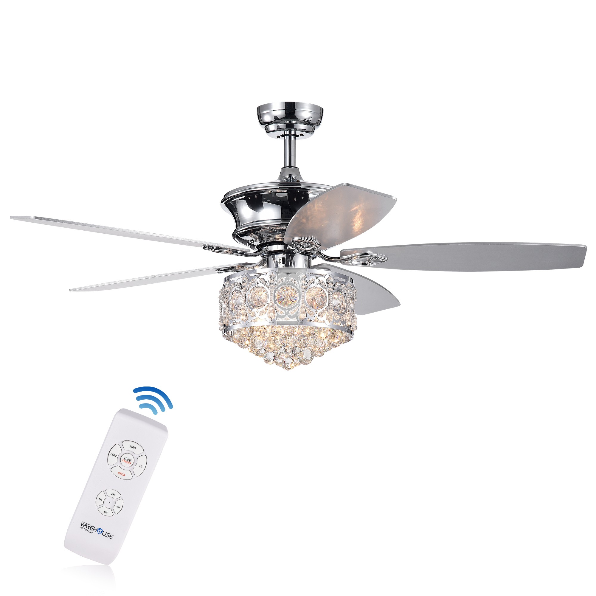 Hasna 52-inch Chrome & Crystal Lighted Ceiling Fan Optional Remote Control (Incl 2 Color Option Blades)