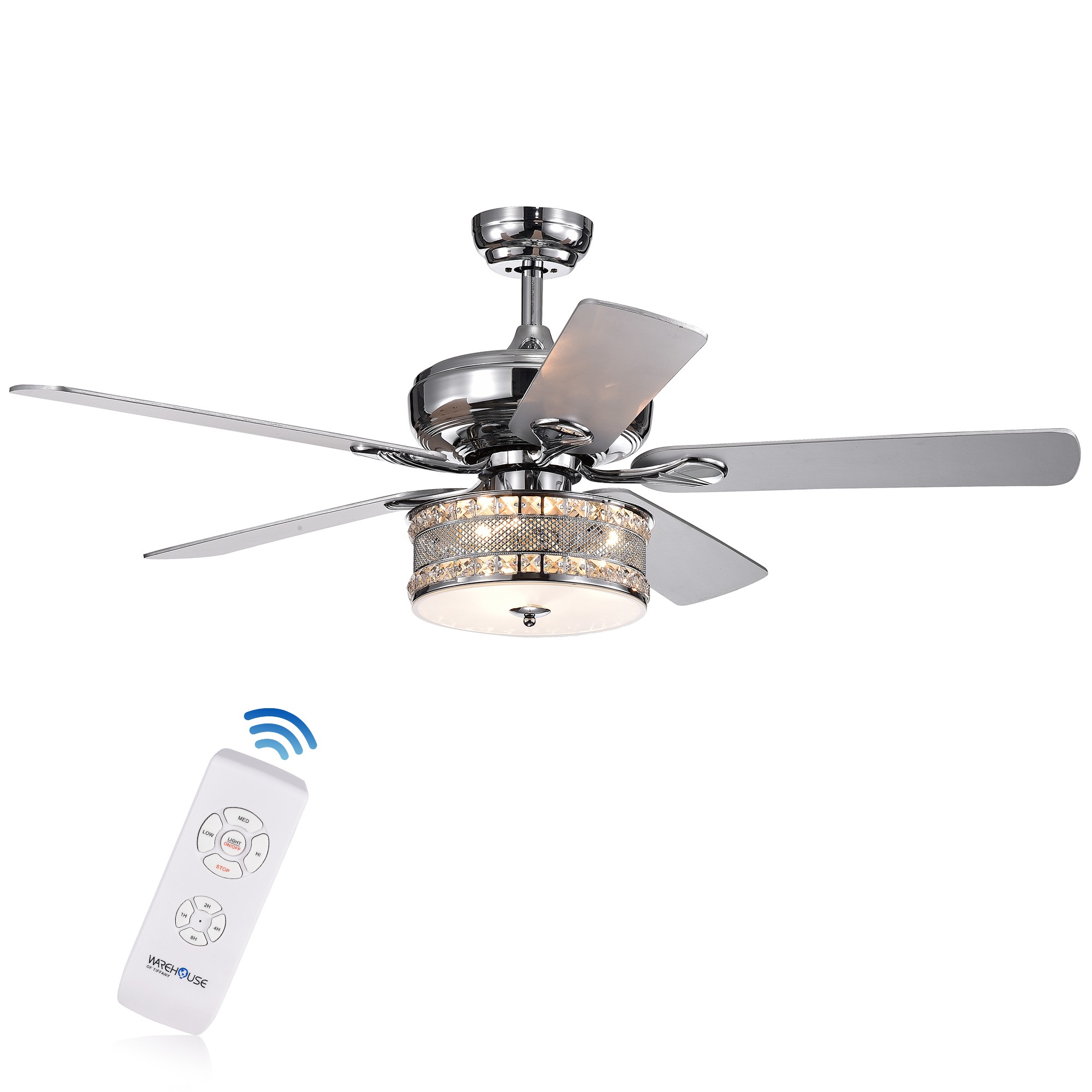 Davrin 5-Blade 52-Inch Chrome Lighted Ceiling Fans with 3-Light Crystal Drum Lamp (Optional Remote)
